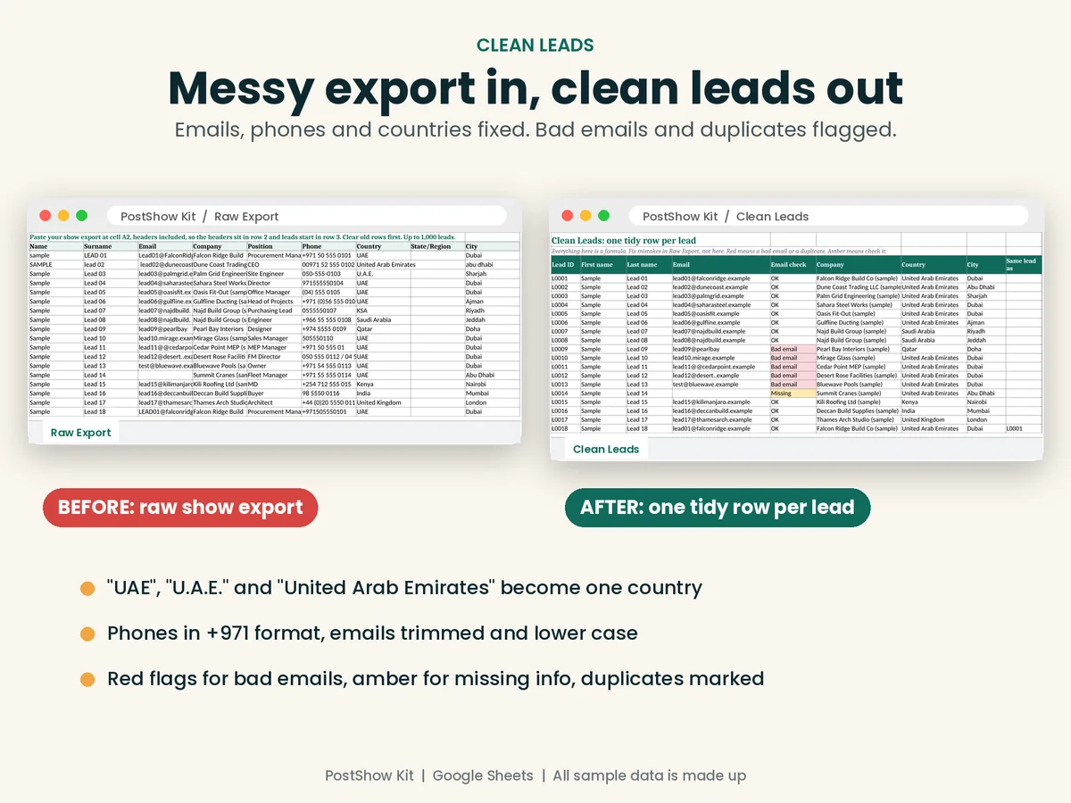Before and after: a messy raw show export next to the cleaned, deduplicated Clean Leads tab